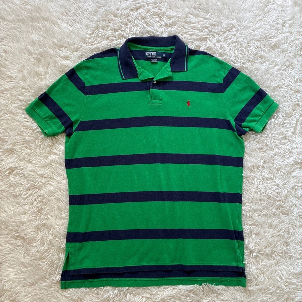 Vintage Polo Ralph Lauren Green Blue Striped Short Sleeve Pique Polo Shirt XL